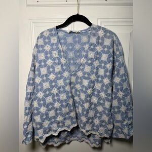 Zara Light Blue Lace-Overlay V-Neck Tunic